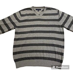 Tommy Hilfiger Mens Gray Striped V-Neck Sweater Size L 100% Cotton Long Sleeve